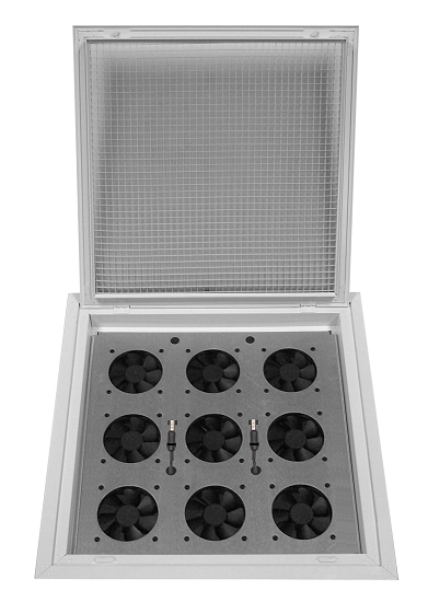 A drop ceiling grid fan tray for data center cooling