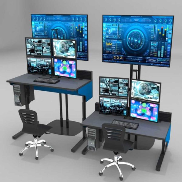 2 control room desks with monitors and task chairs